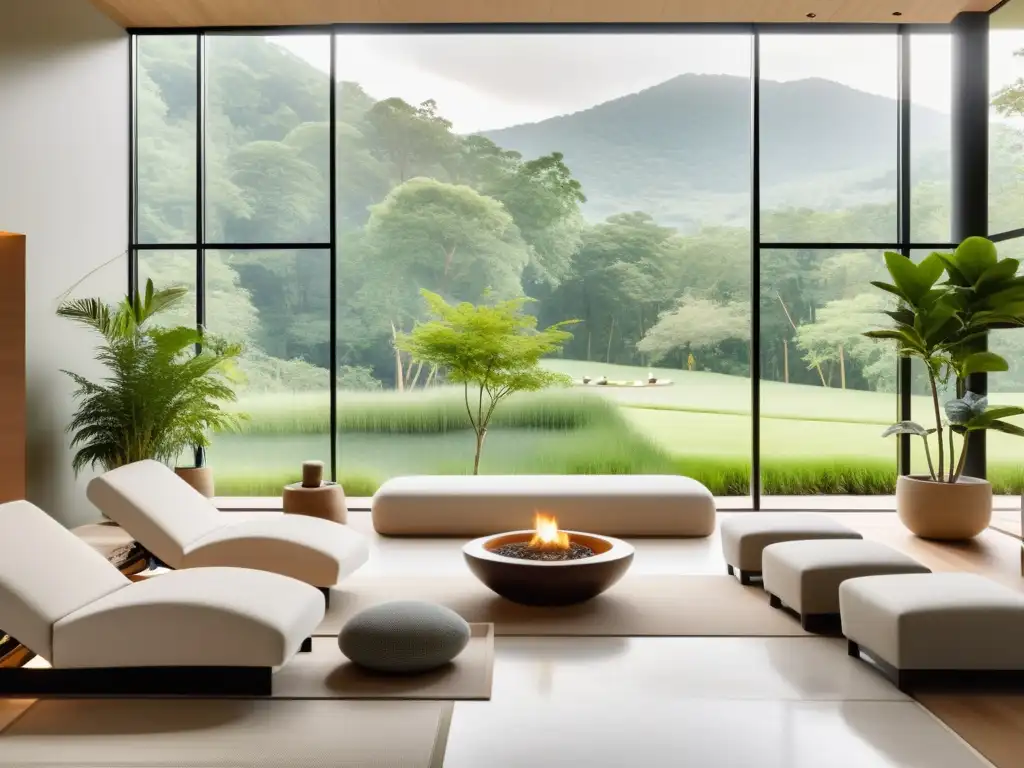 Un spa moderno y sereno con ventanas de piso a techo que dan a un paisaje verde exuberante