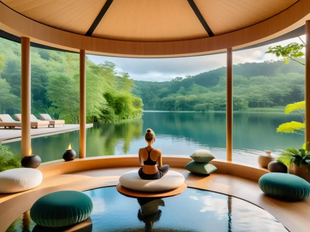 Un spa moderno y sereno con vista a un lago tranquilo