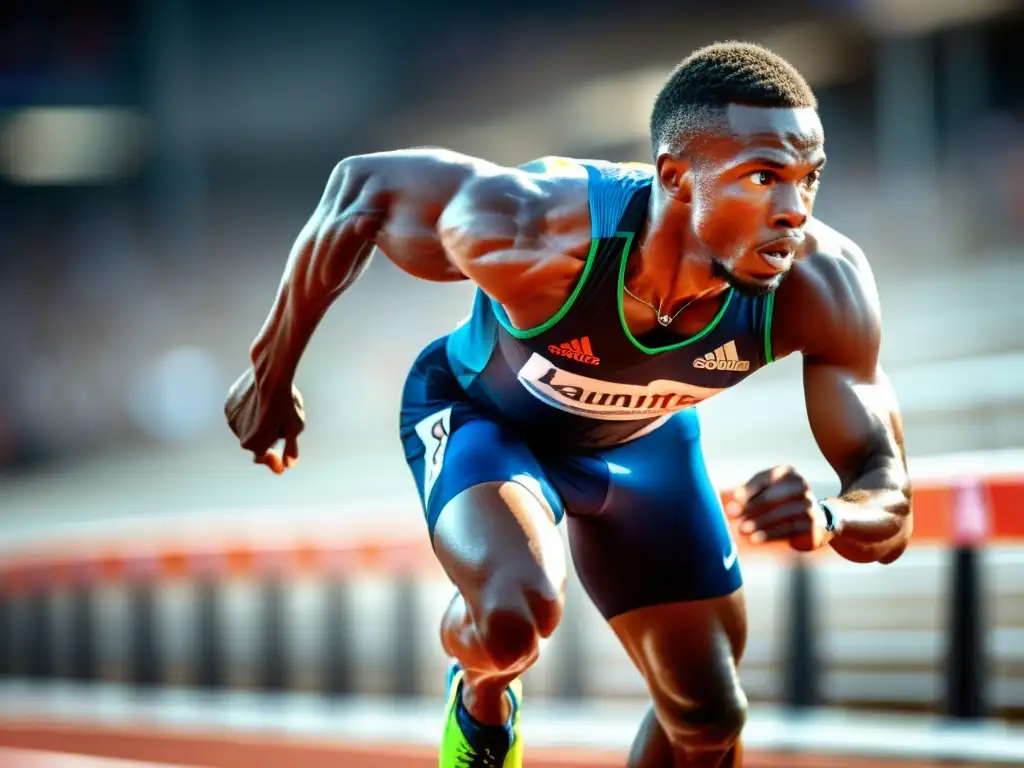 Sprinter en plena carrera, con técnica correcta de respiración para sprinters, en una imagen llena de intensidad y determinación