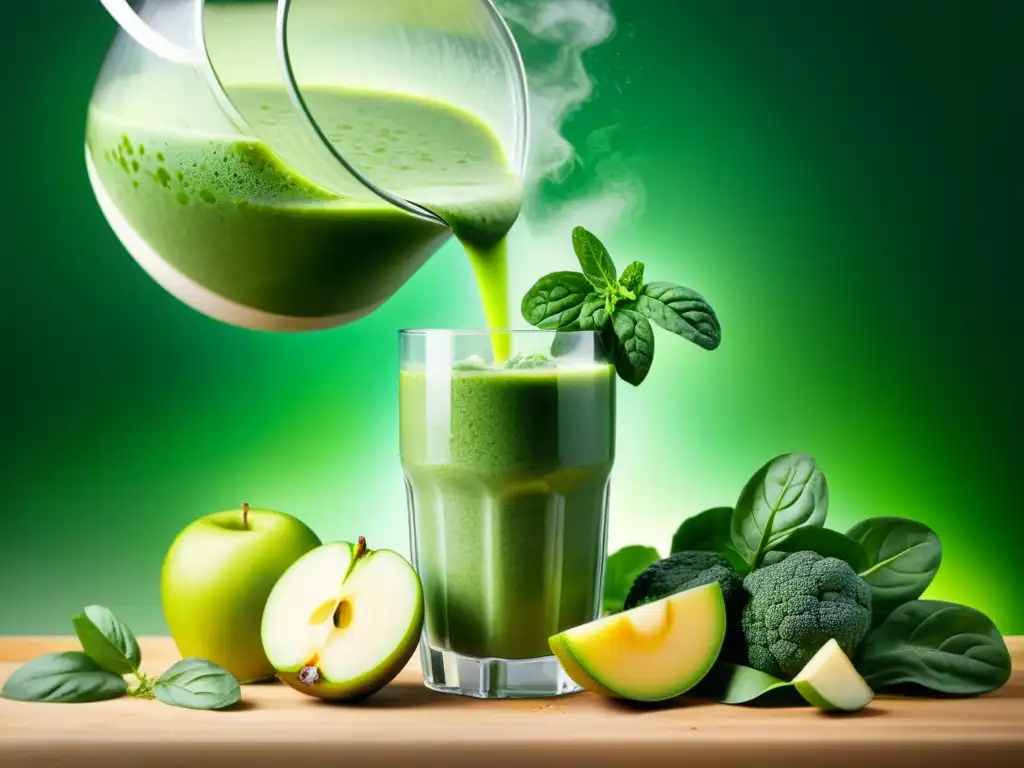 Un suave y vibrante smoothie verde, con ingredientes frescos alrededor, rodeado de un halo de neblina para evocar frescura