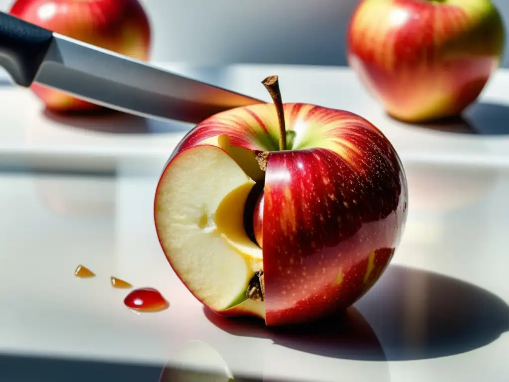 Una suculenta manzana roja siendo cortada con un cuchillo afilado en una tabla blanca