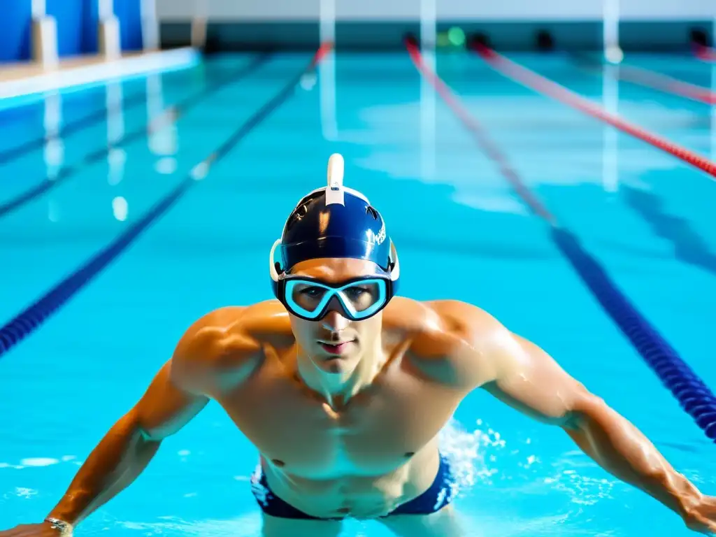 Swimmer profesional en piscina cristalina, mostrando beneficios del control respiración en natación con movimiento preciso y expresión serena