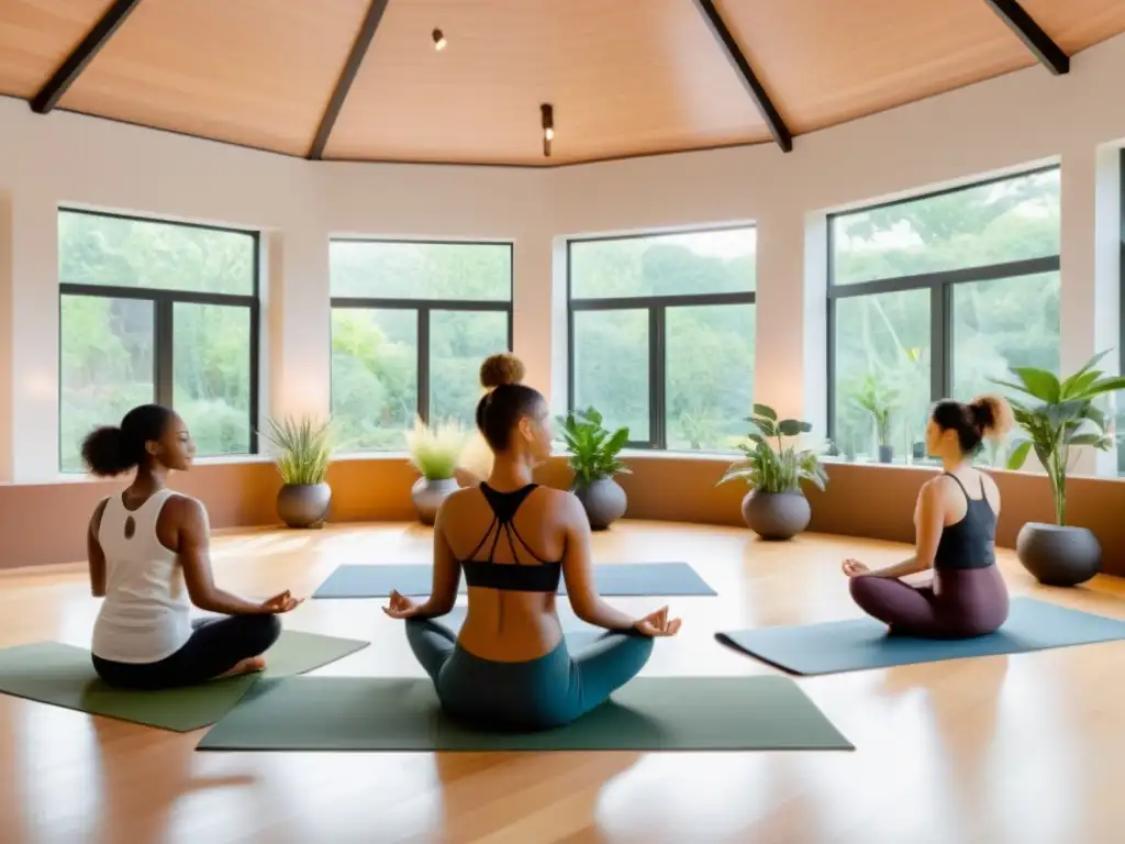 Taller de respiración y atención plena en un estudio moderno con luz natural y ambiente sereno