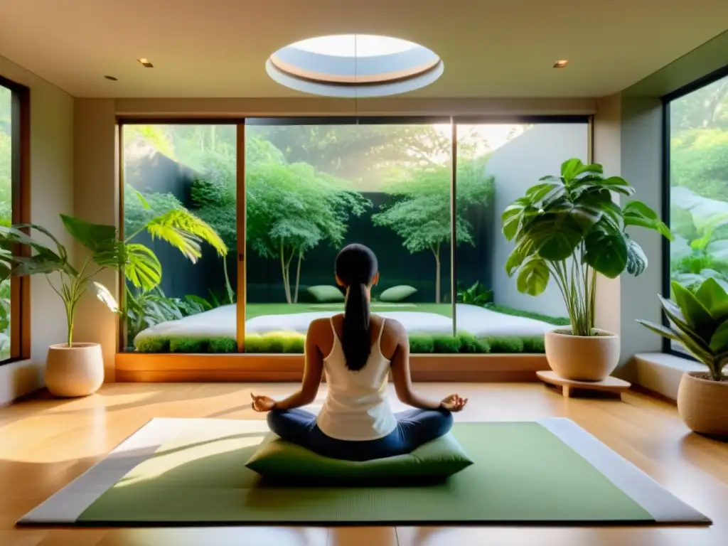 Taller de atención plena en una sala de meditación, con cojines, plantas y luz suave, rodeada de jardín verde