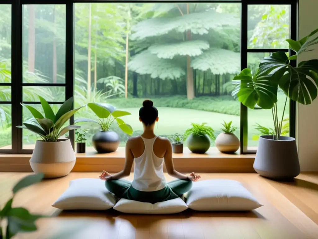 Taller online respiración y meditación en un espacio sereno de meditación moderno, con vista a un bosque exuberante y decoración minimalista