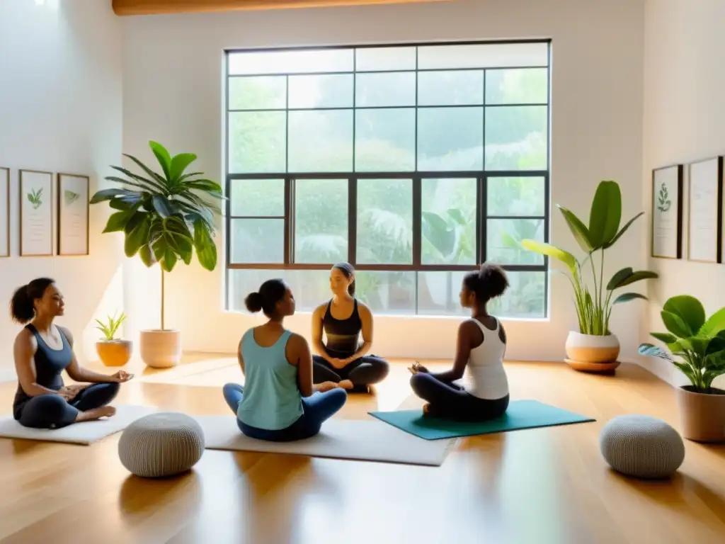 Un taller interactivo de respiración en un estudio moderno y sereno con luz natural y participantes tranquilos