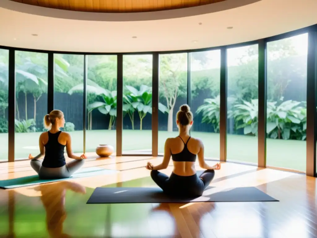 Taller de pranayama para mejorar la respiración en un estudio de yoga moderno y sereno, con vista a un jardín exuberante y tranquilo