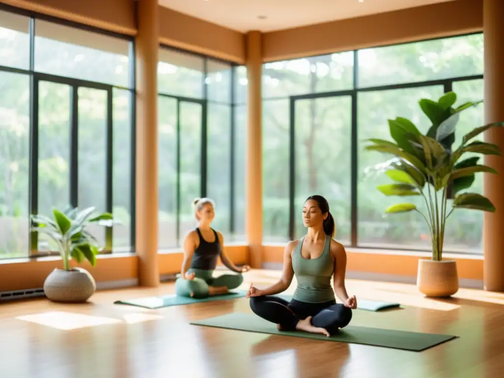 Taller de pranayama para mejorar respiración en un estudio de yoga sereno y moderno con luz natural y ambiente tranquilo