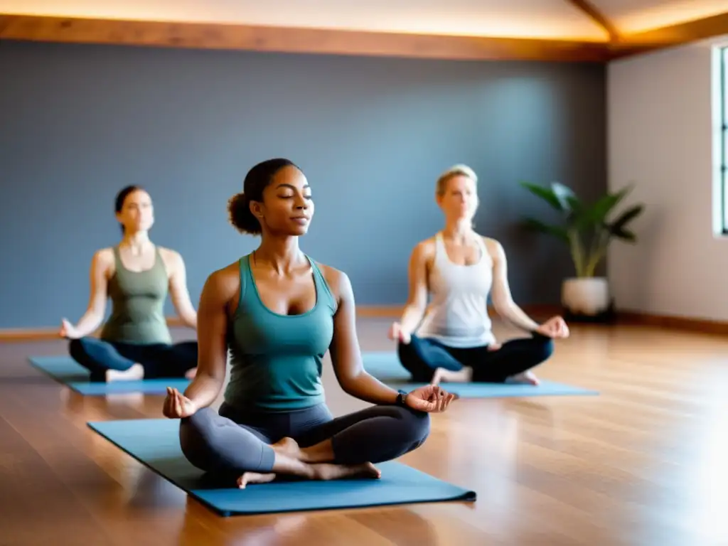 Taller de pranayama para mejorar respiración: grupo en poses de yoga, en un estudio tranquilo con luz natural y atmósfera serena