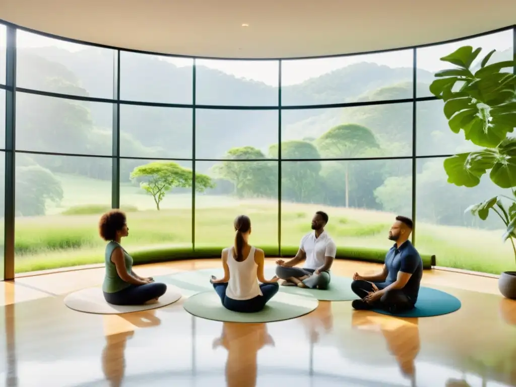 Taller de respiración para líderes empresariales en un espacio de oficina sereno con vista a la naturaleza