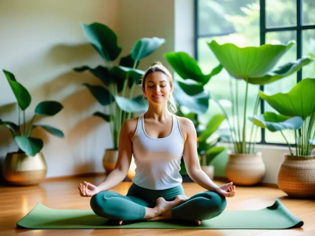 Taller de pranayama para mejorar respiración: Practicante de yoga en posición de loto, respiración tranquila y sonrisa serena