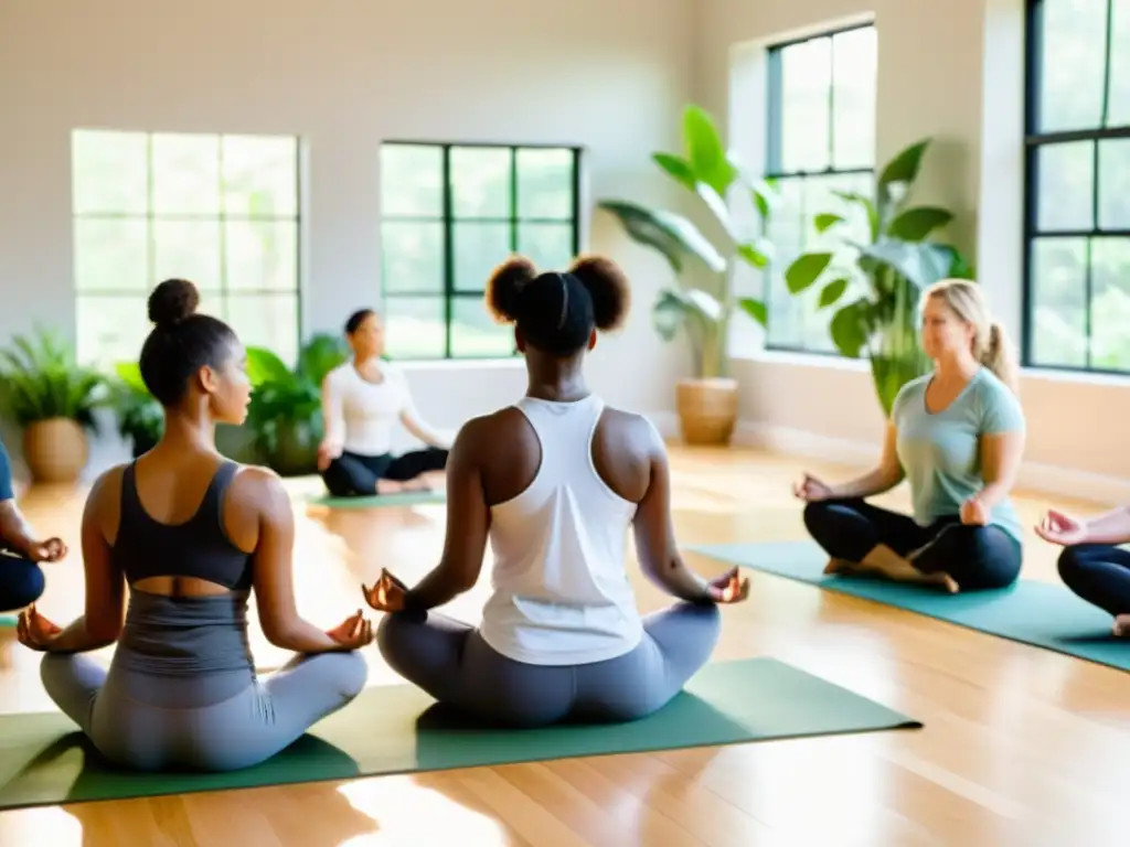 Talleres interactivos de respiración en un aula moderna con adultos practicando mindfulness en círculo, iluminada por luz natural