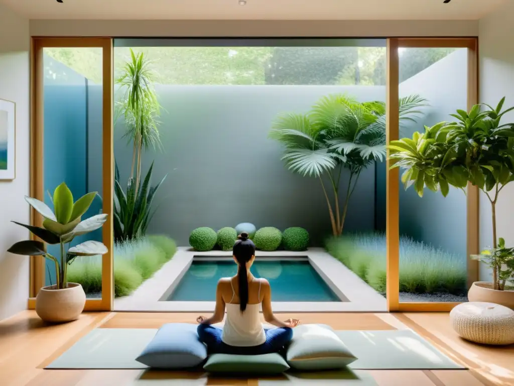 Técnica de relajación para dolor crónico: Meditación serena en sala con vista a jardín tranquil