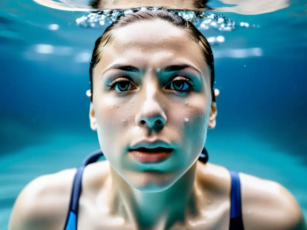 Técnica de entrenamiento respiratorio para nadadores: rostro concentrado de un nadador bajo el agua, exhalando burbujas con determinación