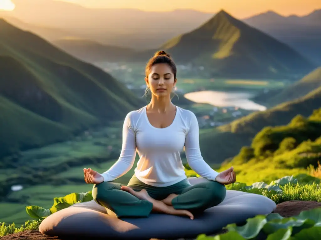 Técnica de respiración yóguica para relajación profunda: practicante de yoga en loto, en la cima de la montaña al atardecer, en profunda concentración