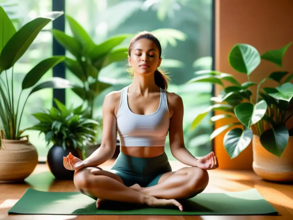 Técnica de respiración para ansiedad: Persona en postura de yoga con plantas verdes, disfrutando de la serenidad