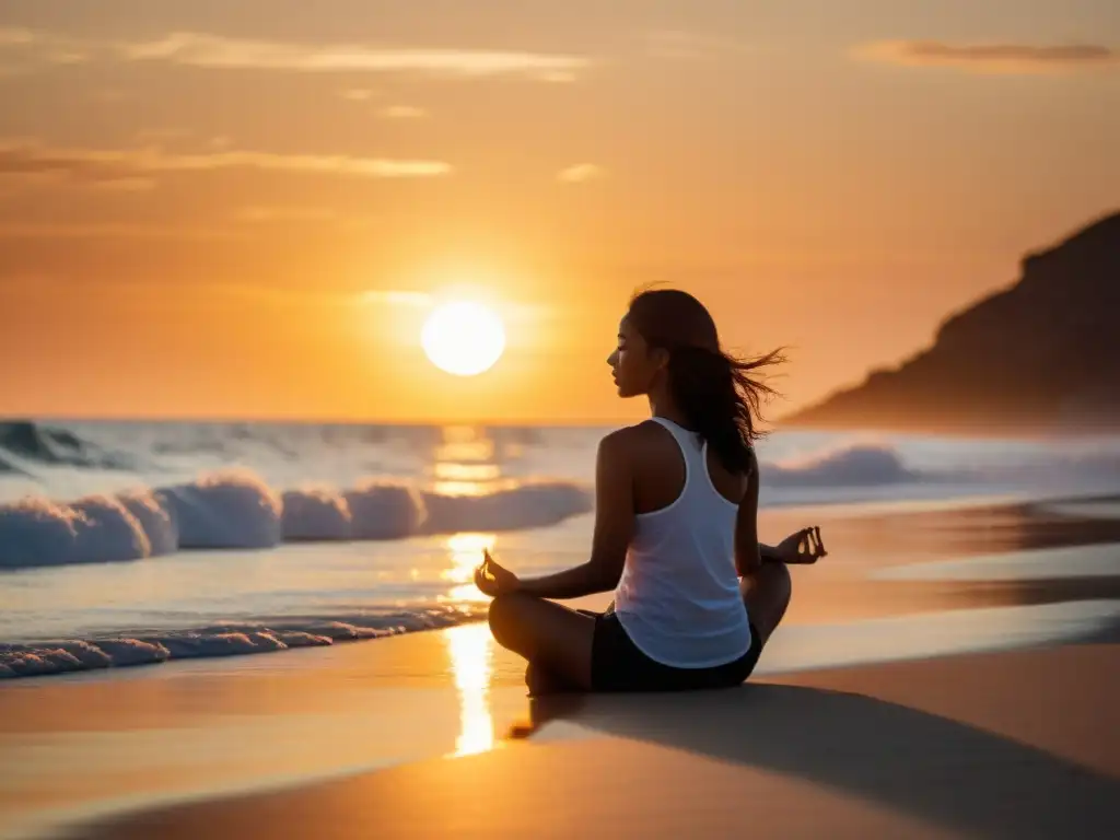 Técnica de respiración para reducir estrés: Persona meditando en una playa al atardecer, emanando calma y relajación