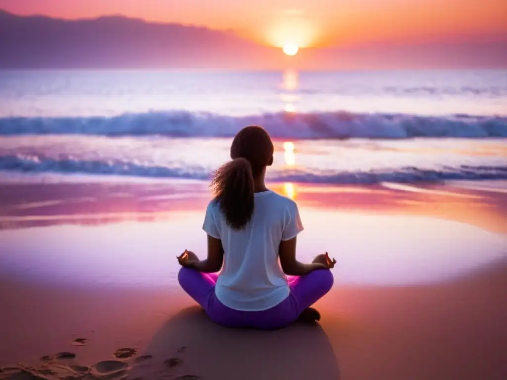 Técnica de respiración meditativa para ansiedad: persona en postura tranquila en la playa al atardecer, rodeada de luz suave y paz interior