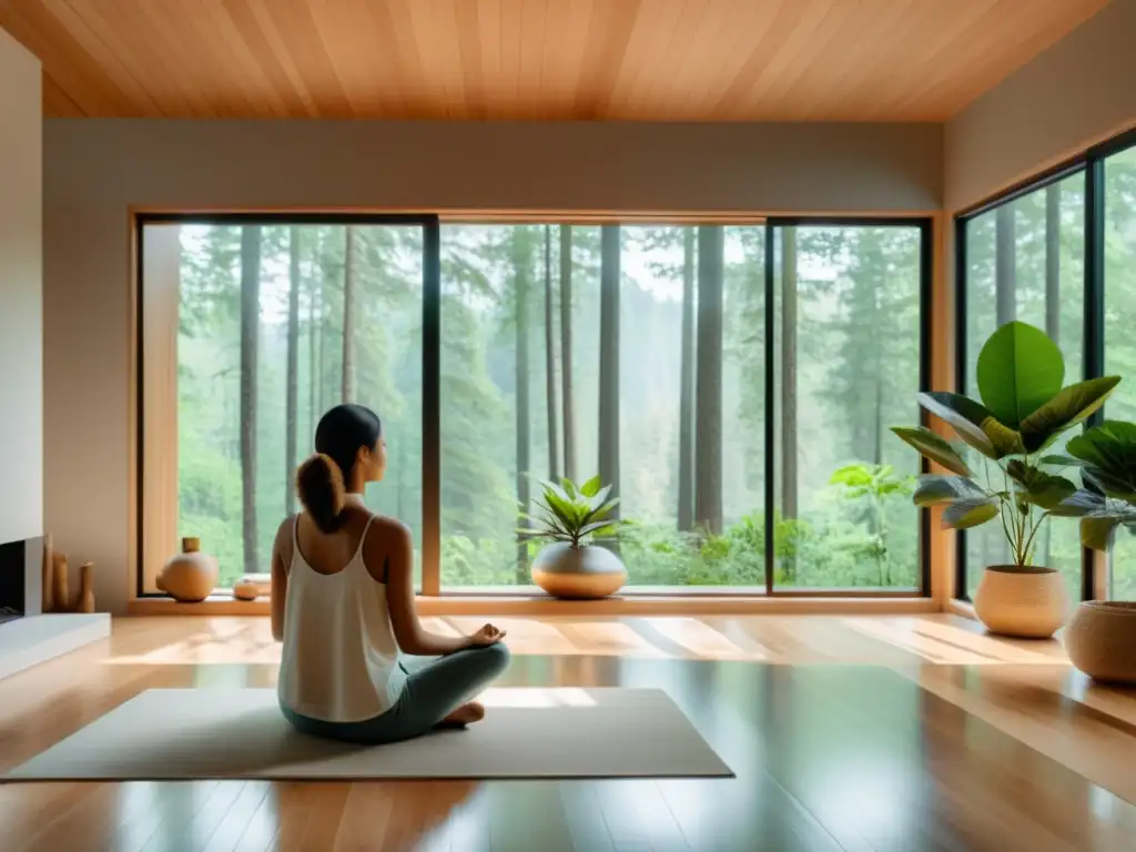 Técnica de respiración profunda para estrés en una sala de estar moderna con vista al bosque, ambiente sereno y minimalista