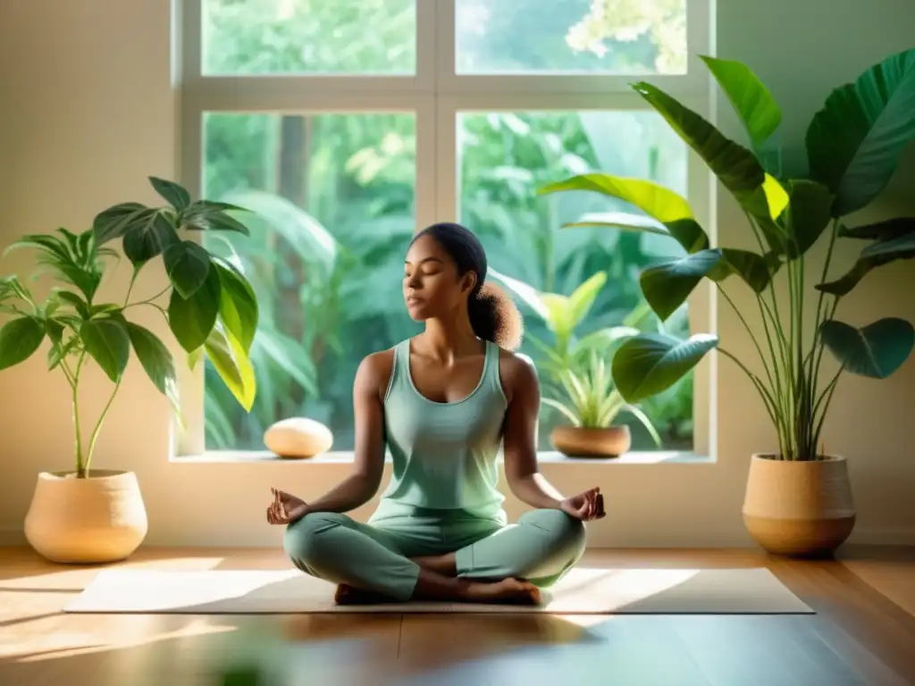 Técnica de respiración en meditación trascendental en un ambiente sereno y luminoso con plantas verdes