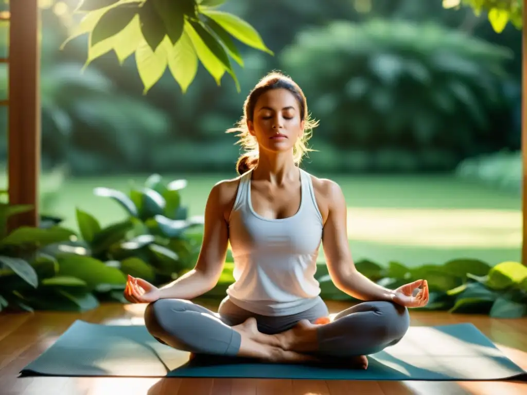 Mujer en meditación, rodeada de naturaleza Practicando técnicas efectivas para alivio del dolor en un entorno natural sereno