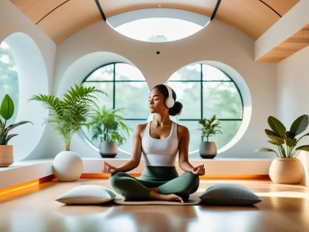 Técnicas de meditación con respiración asistida en un moderno espacio de meditación con luz natural, líneas limpias y toques de vegetación