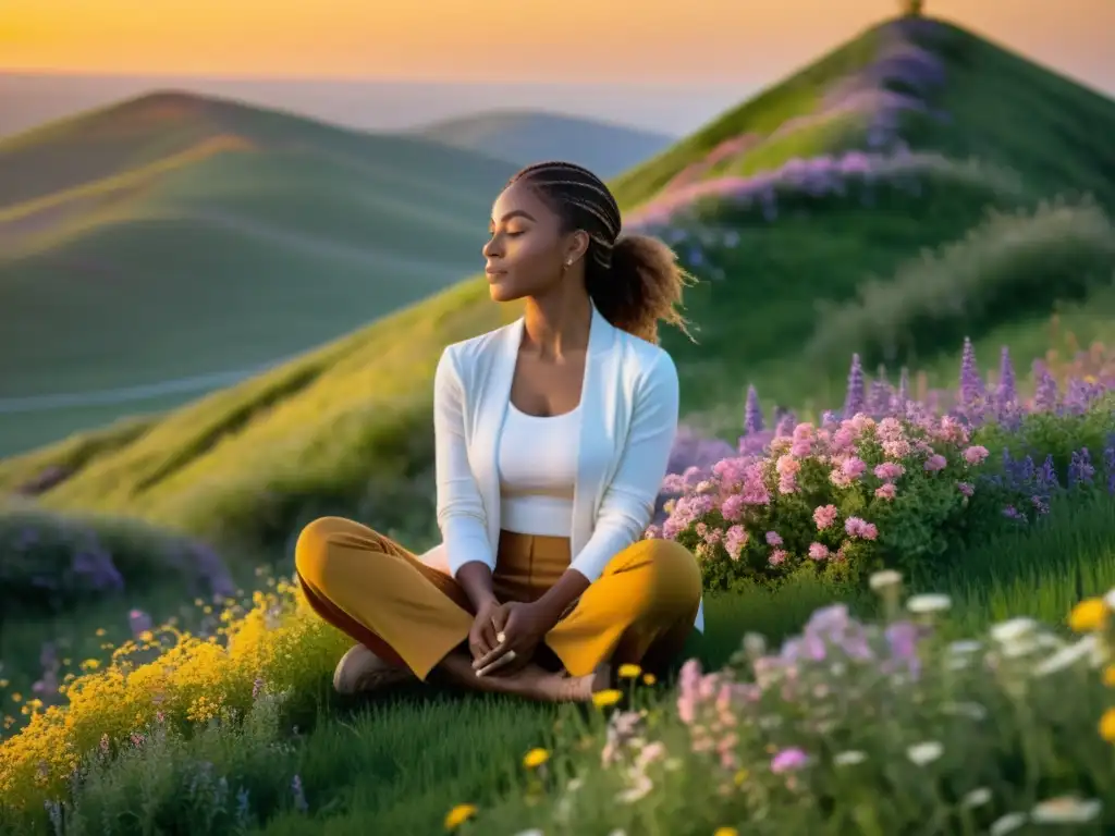 Promoción de técnicas de respiración con influencer en un entorno natural sereno al atardecer