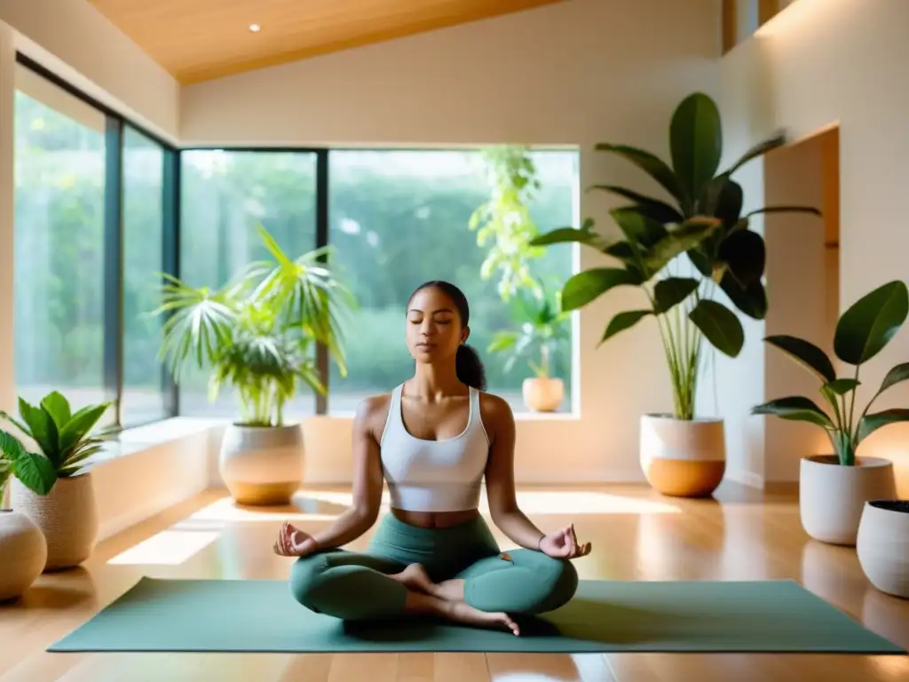 Técnicas de respiración para estabilidad emocional: Persona serena practicando meditación en un espacio minimalista iluminado por luz natural