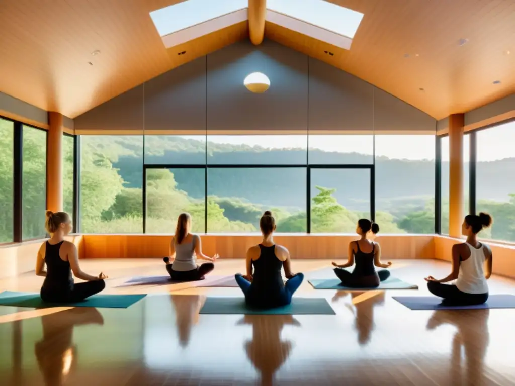 Técnicas para optimizar la respiración y sincronización en un estudio de yoga moderno, con ventanales y vistas a la naturaleza