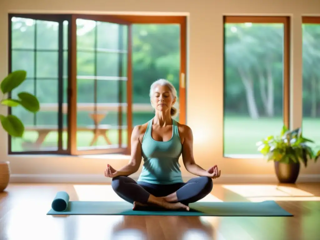 Técnicas de respiración para rejuvenecer: grupo de adultos mayores practicando yoga en un estudio luminoso con vista a un jardín exuberante