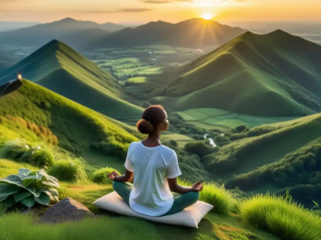 Práctica de técnicas respiratorias integrativas para sanar en la cima de la montaña al atardecer, irradiando calma y paz interior