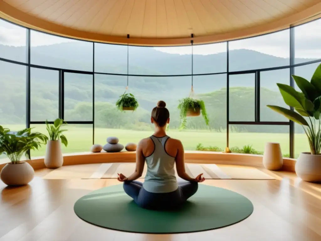 Técnicas de respiración yóguica para relajación profunda en un estudio de yoga moderno y sereno con vistas a un paisaje verde exuberante