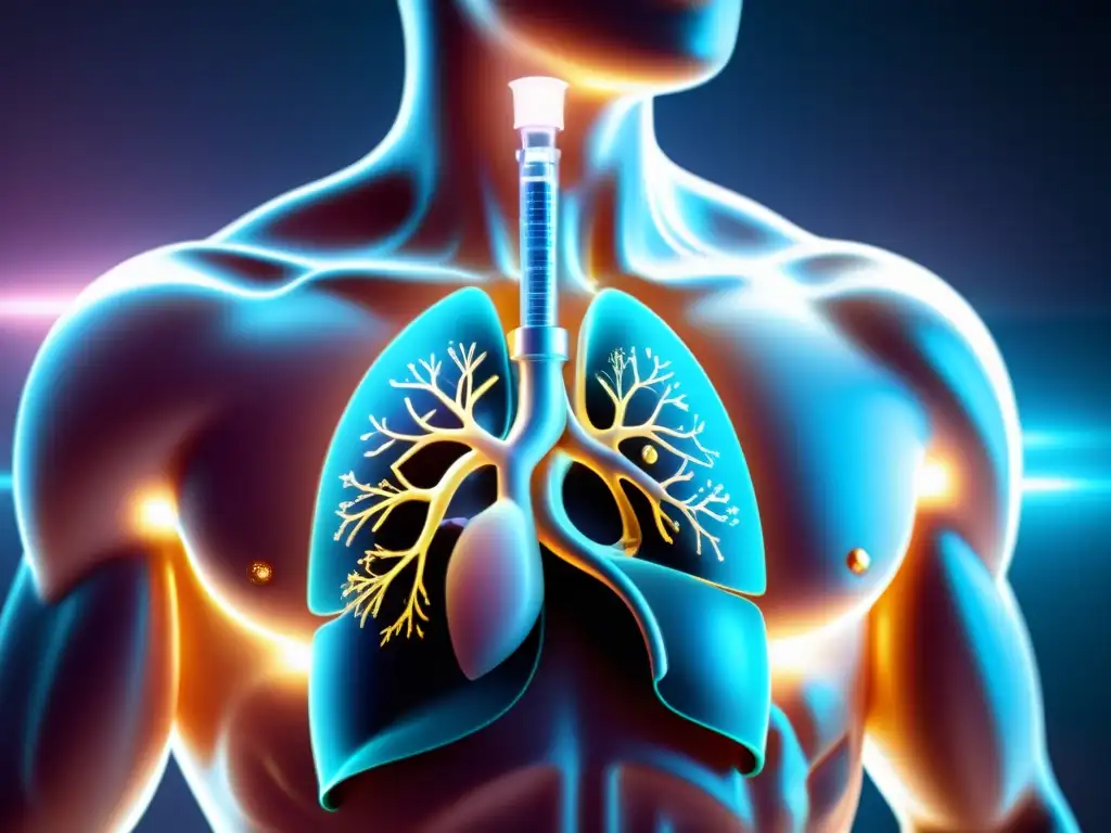 Tecnología para mejorar la respiración: Avanzado dispositivo pulmonar futurista integrado con tejido orgánico y circuitos brillantes