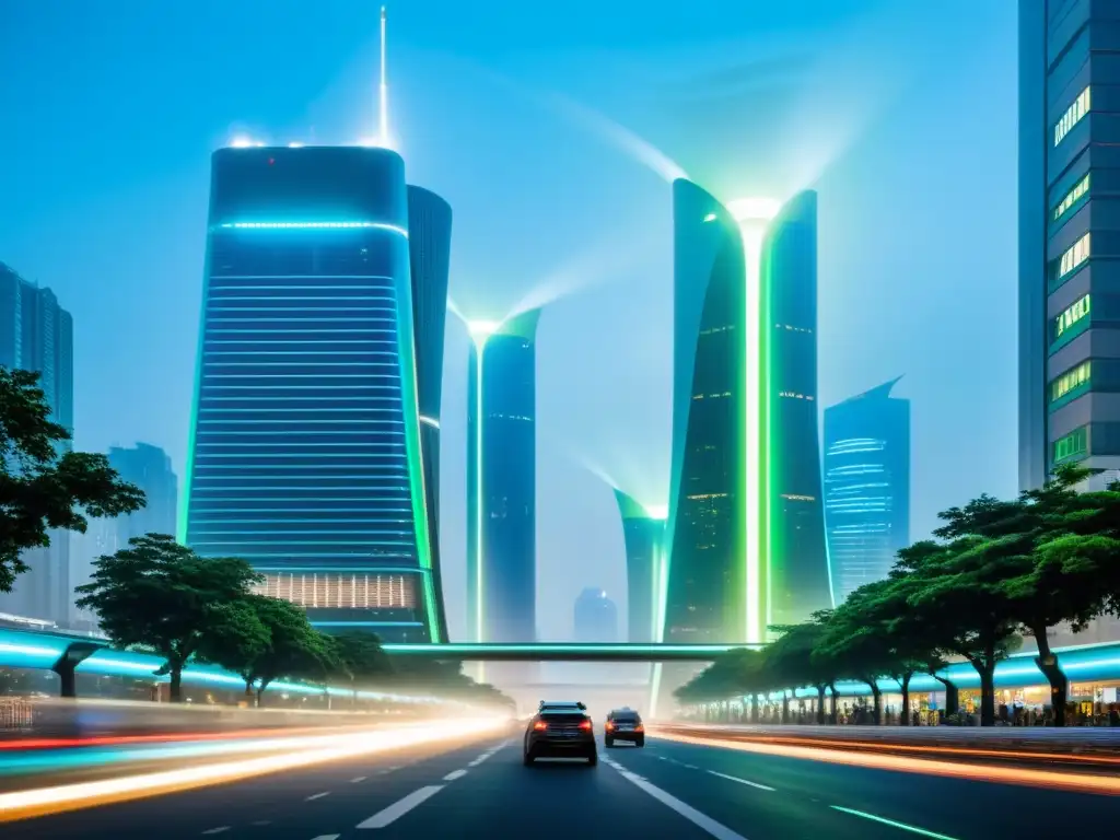 Tecnologías emergentes para combatir contaminación del aire: Torres futuristas purificando el aire en bulliciosa calle de la ciudad