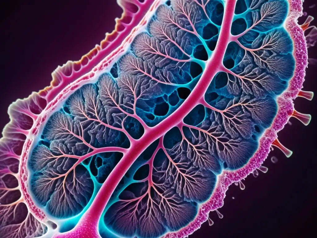 Tejido pulmonar sano y detallado bajo microscopio, mostrando la complejidad y vitalidad en la recuperación pulmonar tras COVID-19