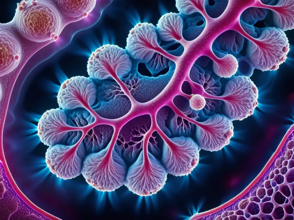 Tejido pulmonar sano y detallado bajo microscopio, con alvéolos y capilares vibrantes