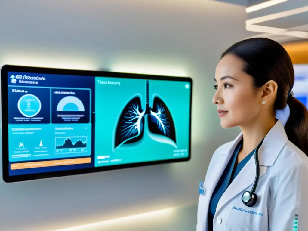 Estación de telemedicina futurista con monitoreo avanzado de respiración y tratamiento a distancia en un centro médico luminoso y vanguardista