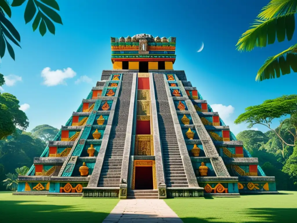 Un templo maya con intrincados grabados y colores vibrantes, rodeado de exuberante vegetación y cielo azul