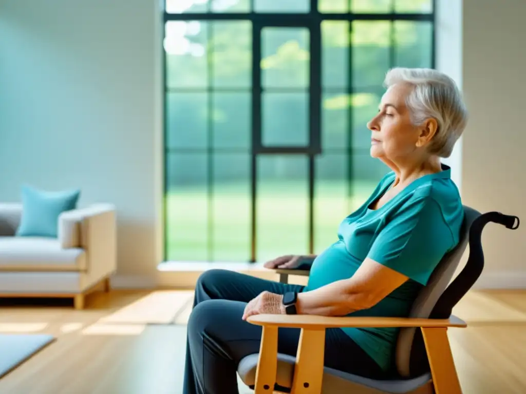 Terapeuta guía a anciano en ejercicios de respiración para prevención patologías pulmonares