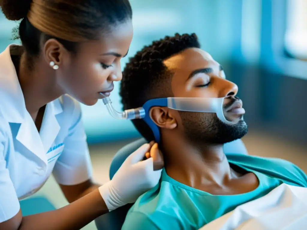 Terapia de respiración profunda con espirometría en moderno centro de rehabilitación Terapeuta y paciente practican ejercicios de respiración con un espirómetro