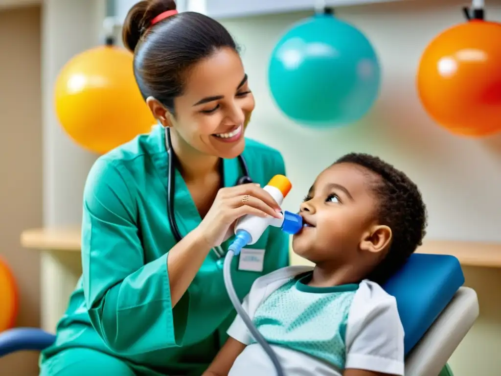 Terapeuta respiratorio pediátrico guiando alegremente a un niño en ejercicio de fisioterapia respiratoria