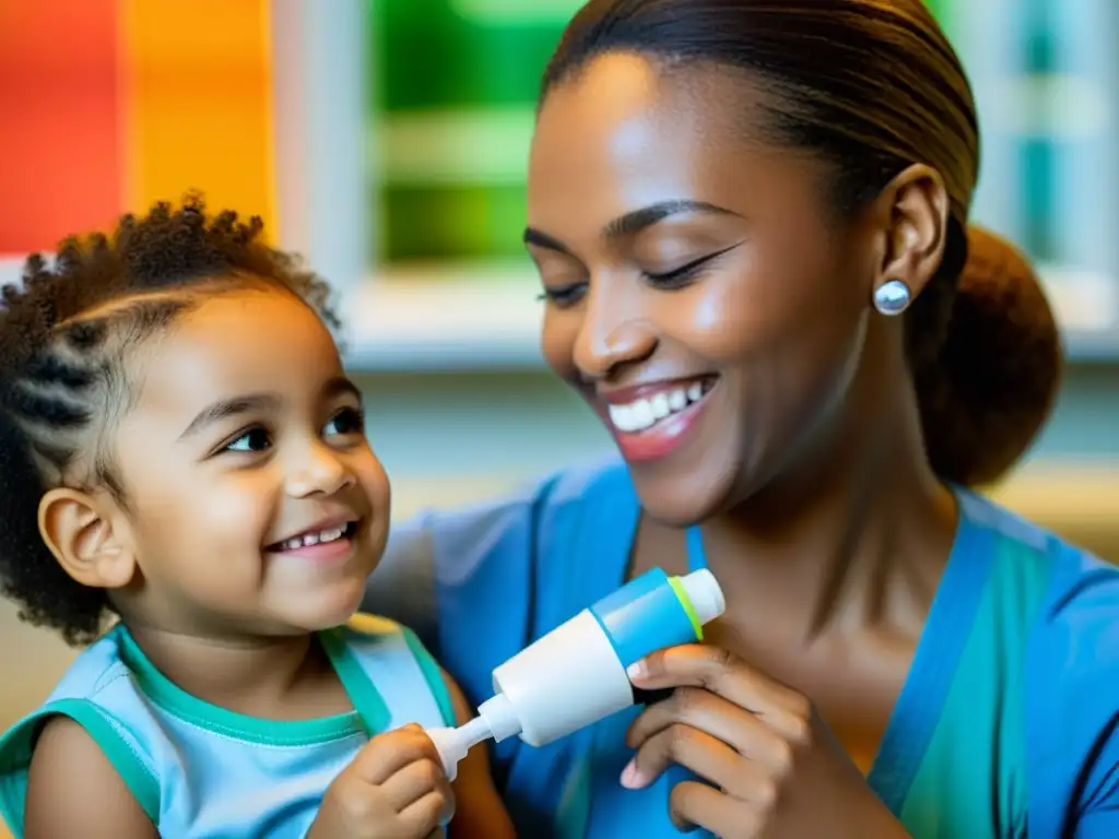 Un terapeuta respiratorio pediátrico sonriente guía alegremente a un niño en ejercicios respiratorios con un espirómetro