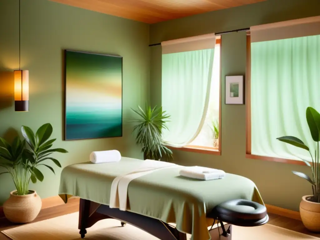 Una terapeuta realiza técnicas de masajes para respiración en una sala de spa serena y tranquila, con luz natural y decoración relajante