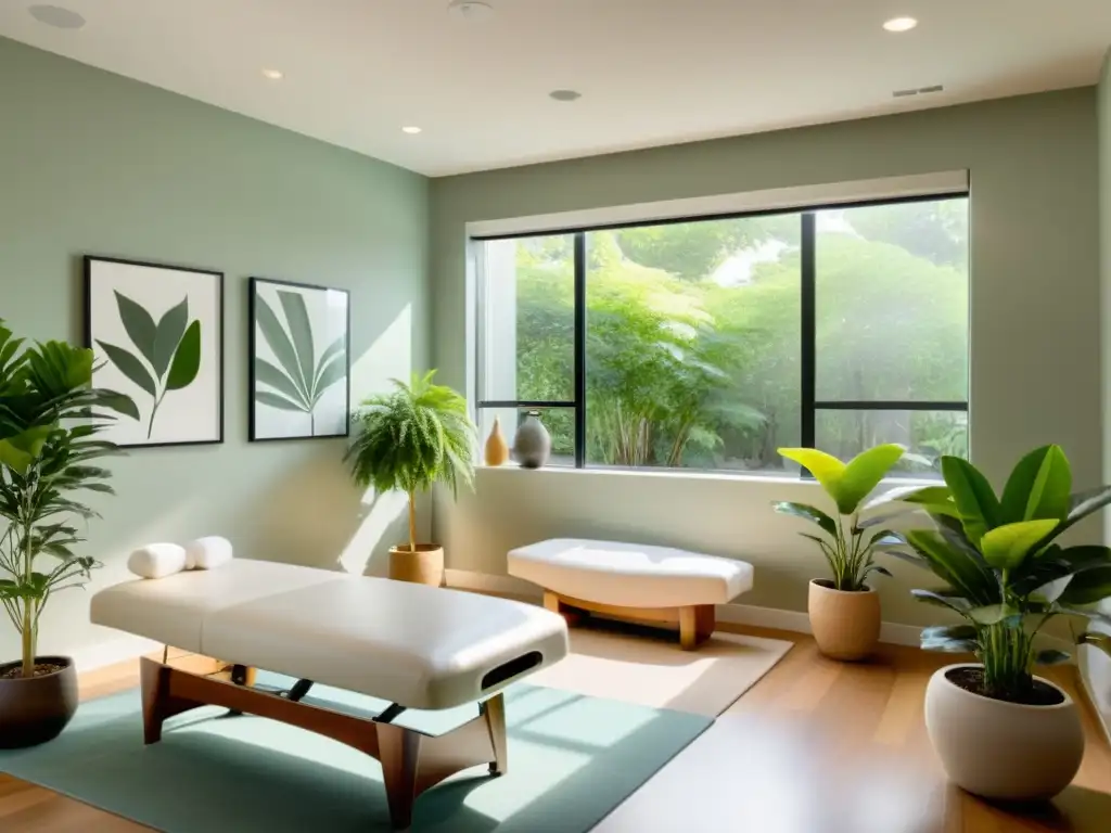 Terapia de respiración para ansiedad preoperatoria en una sala serena con luz natural y decoración minimalista, donde un terapeuta guía a un paciente