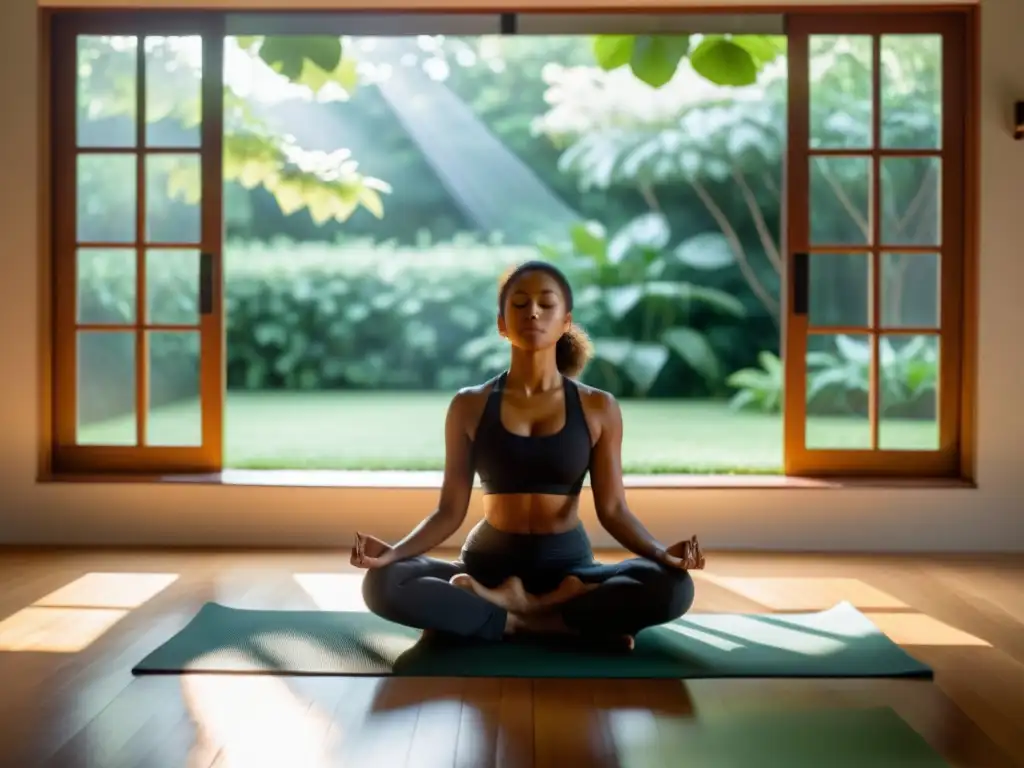 Terapia de respiración para trastornos de pánico: Persona en meditación, luz suave, jardín tranquilo