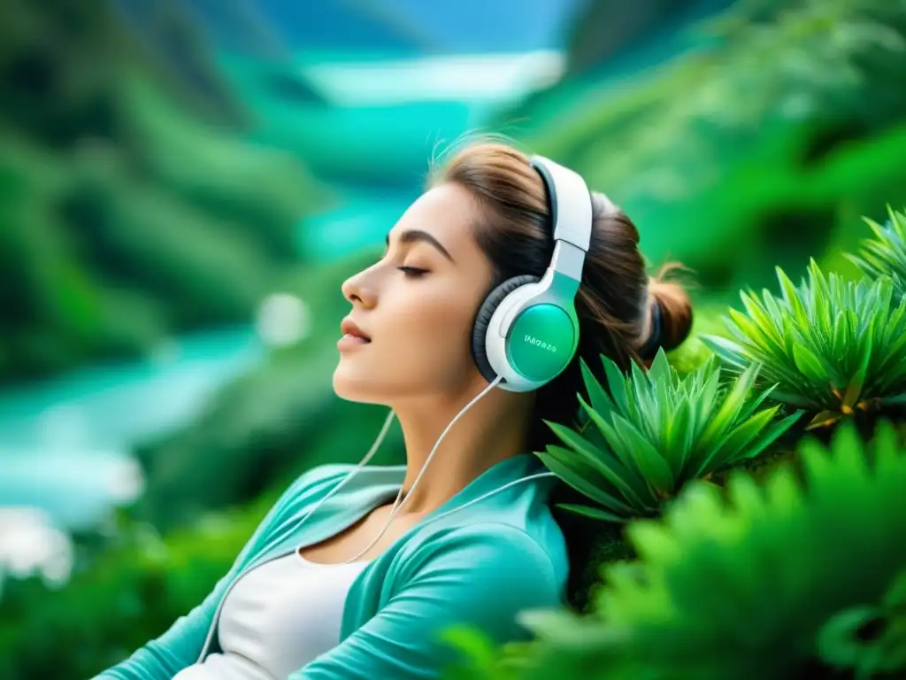 Terapia de sonido para pulmones: Persona relajada con auriculares en entorno natural sereno y vibrante, transmitiendo calma y revitalización