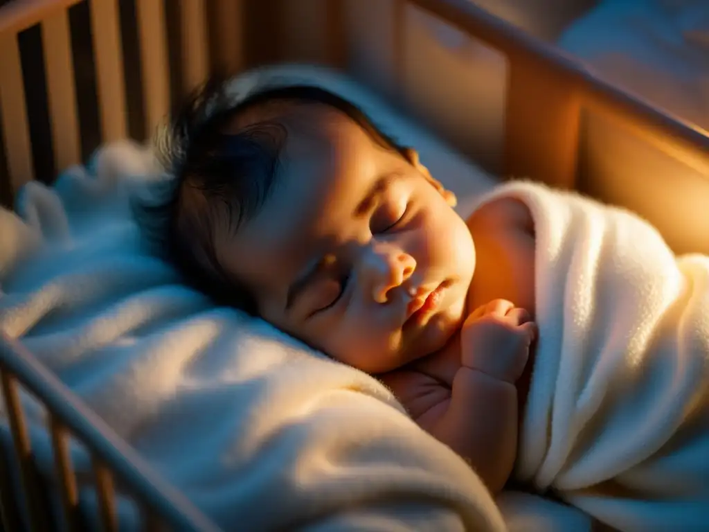 Ternura y calma en el sueño del bebé, rodeado de peluches y una luz tenue