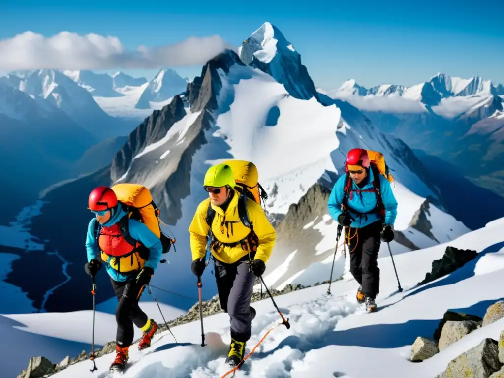 Climbers desafían terreno montañoso nevado, con picos imponentes al fondo