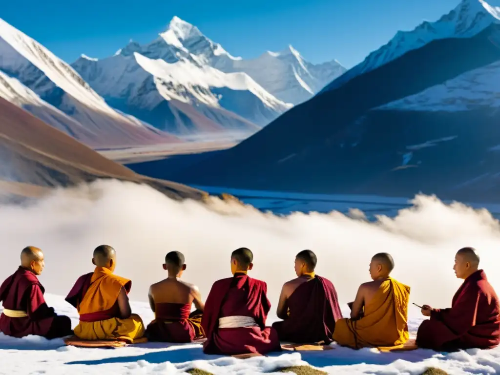 Práctica tibetana de control respiratorio y generación de calor, monjes meditando en la nieve entre montañas