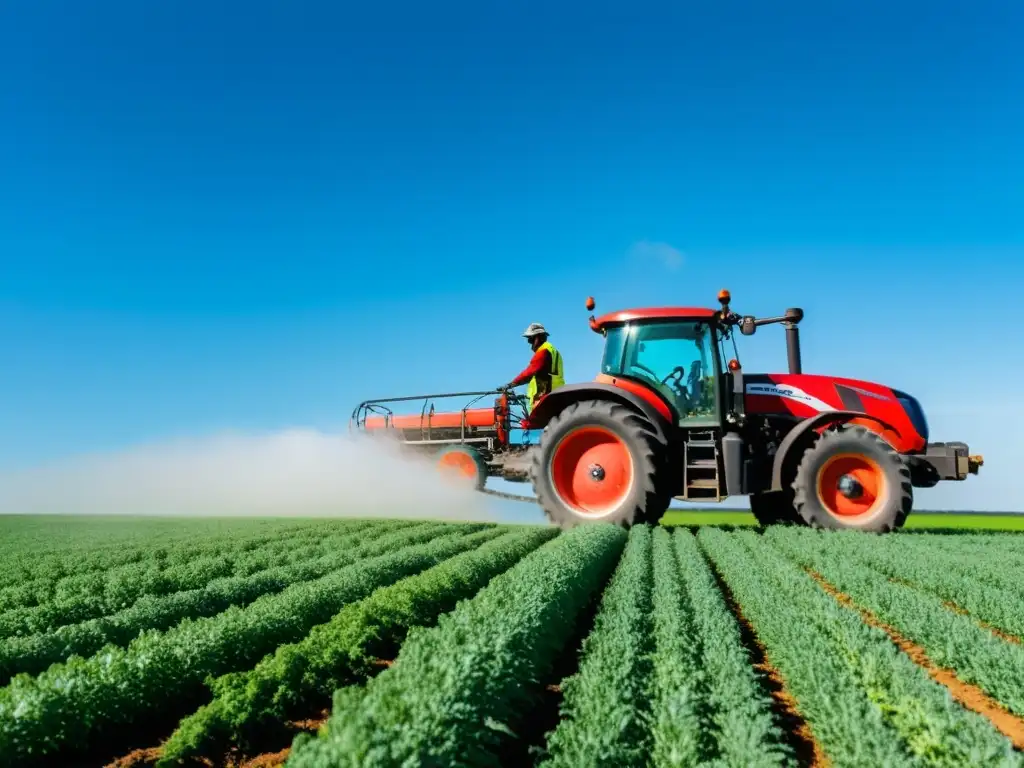 Un trabajador de campo rocía pesticidas en un cultivo verde vibrante, mostrando la tecnología y precisión en la aplicación